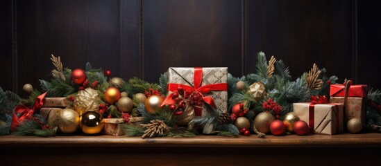 Aufkleber - A festive arrangement of Christmas decor including a gift box nestled amidst spruce branches cones and ornaments Perfect for showcasing your own image. with copy space image