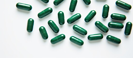 Poster - A dietary supplement of spirulina in tablet form A mockup showcasing a frame of green tablets made from spirulina algae against a white background The image is taken from a top down perspective allow