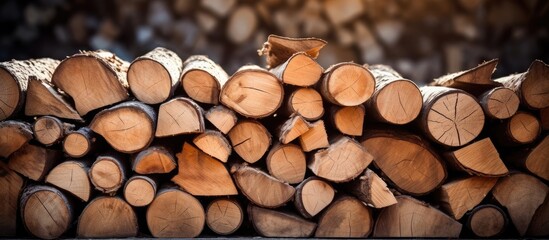 Poster - A close up image of a stack of wooden logs with empty space surrounding the woodpile. with copy space image. Place for adding text or design