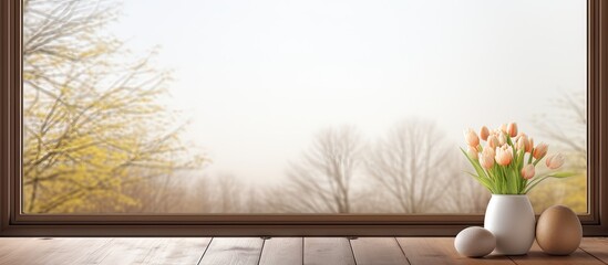 Poster - Empty wooden desk with free space for your Easter egg decorations Brown window provides a serene backdrop for a copy space image