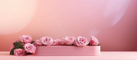 Poster - A pink background with a podium featuring beautiful pink rose flowers The podium is perfect for showcasing products gifts or cosmetics with ample copy space for design or advertising purposes