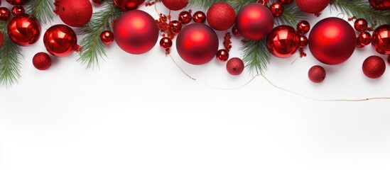 Poster - A festive Christmas arrangement featuring a garland of red balls and fir tree branches on a white background symbolizing the holiday season This flat lay image offers a top view with ample copy space
