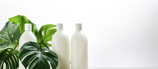 Poster - Eco friendly cleaning product in white plastic bottles adorned with green monstera leaves on a clean white background providing room for additional elements