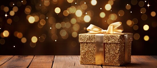 Poster - A festive gift box adorned with decorations and placed on a wooden background providing ample space for text or images Perfect for Christmas