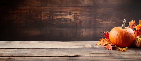 Poster - An old wooden table adorned with a pumpkin and autumn leaves providing a perfect copy space image