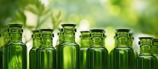 Aufkleber - Copy space image of green bottles filled with herbal essence perfect for traditional medicine healthcare and natural cosmetics backgrounds