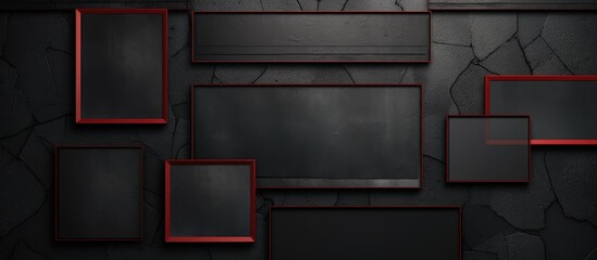 Poster - A collection of photo frames with tape placed on a textured black leather background creating a copy space image