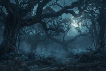 Wall Mural - Hauntingly Dark Forest Under Moonlit Sky Shrouded in Eerie Mist and Gnarled Trees