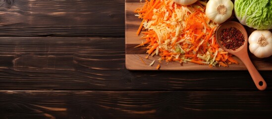 Poster - The cutting board with chopped cabbage and carrot is placed on a brown wooden background It is seen from a top view providing copy space for the image The ingredients are healthy food options