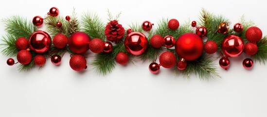 Poster - A festive Christmas arrangement featuring a garland of red balls and fir tree branches on a white background symbolizing the holiday season This flat lay image offers a top view with ample copy space