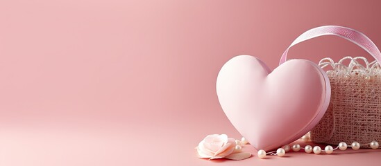 Aufkleber - A charming Valentines day theme showcased with an origami heart a small basket a delicate flower and a white pearl on a soft pastel pink backdrop Meticulously crafted with love and care leaving ample