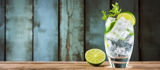 Poster - Copy space image of a gin tonic garnished with lime wedges on a rustic wooden table with a charming backdrop
