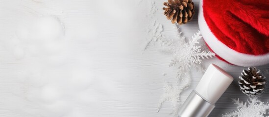 Poster - A festive flat lay composition featuring decorative cosmetic products and a Santa hat on a light background Emphasizing winter care the image represents the concept of beauty and fashion