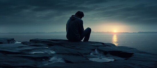 Poster - Depression is depicted by a lonely forlorn figure sitting on the edge with a melancholic aura surrounding them A copy space image 134 characters