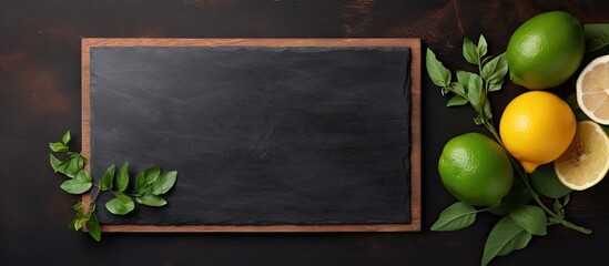 Poster - A black slate cutting board is placed on a green napkin against a dark slate background providing ample copy space for text