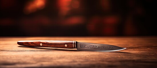 Poster - Closeup of a wooden straight razor on a table with copy space image