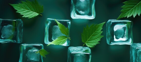 Poster - Leaves are trapped inside ice cubes in this copy space image