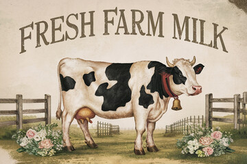 Wall Mural - Fresh farm milk slogan with a retro watercolor style illustration of a dairy cow. 