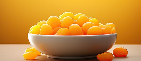 Poster - Image of a bowl filled with canned apricot fruit perfect for a delightful dessert with plenty of copy space available