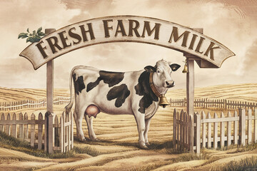 Wall Mural - Fresh farm milk slogan with a retro watercolor style illustration of a dairy cow. 