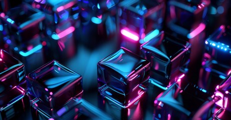 3d rendering of glass cubes on black background, dark abstract buissness background