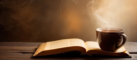 Aufkleber - Enjoy a personal and introspective Bible study session accompanied by a steaming cup of hot coffee beautifully captured in a copy space image