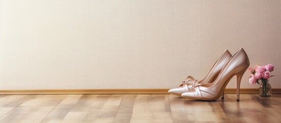 Poster - A copy space image featuring beige high heel shoes for women placed on a wooden floor