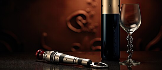 Poster - There is a bottle of high end luxury wine accompanied by a corkscrew in the image with available copy space for text