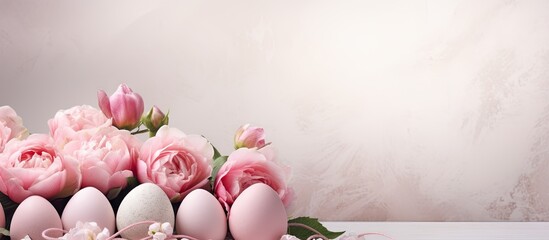 Poster - A light background with pink Easter eggs and roses providing ample copy space for additional elements