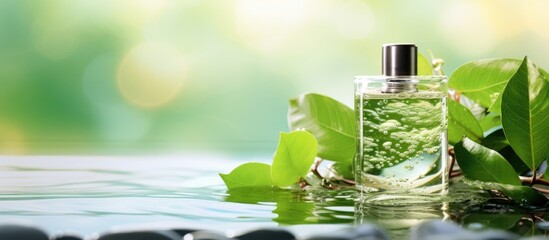 Poster - Closeup of a bottle of face serum accompanied by spa stones and a leaf submerged in water on a light background Ideal for adding text. with copy space image. Place for adding text or design