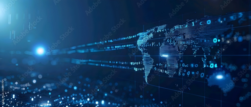 Abstract digital world map on blue background with binary code and ...