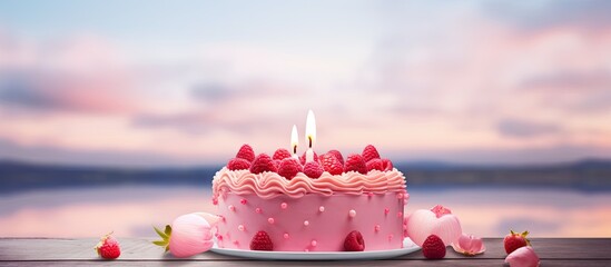 Poster - Close up copy space image of a beautiful pink birthday cake adorned with berries topped with a single pink candle and lit by a lighter with flames The cake sits against a backdrop of white clouds and
