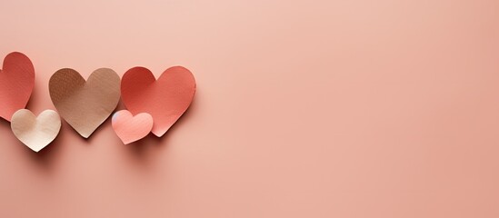 Poster - Flat lay view of three brown craft cups with coffee or tea to go placed on a pastel pink background The cups are adorned with paper red hearts creating a decorative touch There is copy space availabl