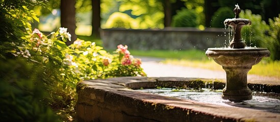 Poster - In the garden there is a charming spring water fountain providing a picturesque view with ample copy space image