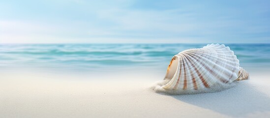 Poster - A partially buried calcified seashell dried and weathered rests in the pristine white sand of the beach Tidal ripples add to the beauty of the scene creating a serene copy space image
