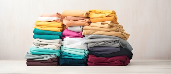 Poster - A pile of colorful cotton clothes neatly folded on a white table with an empty copy space for placement