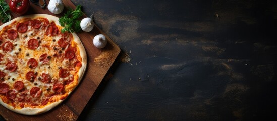 Aufkleber - A pizza cutting board and cloth napkin are seen on a stone table surface This image depicts a food recipe concept against a textured background with ample copy space The view is from the top giving a