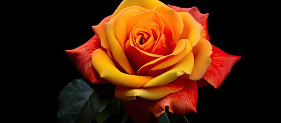 Poster - There is a copy space image featuring a stunning fresh rose in vibrant hues of orange and yellow set against a black background