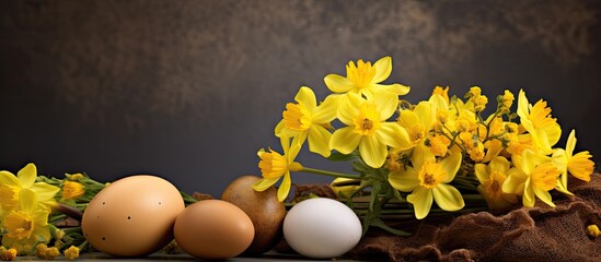 Poster - A copy space image depicting the essence of spring and Easter featuring a delightful arrangement of brown eggs and a vibrant yellow flower