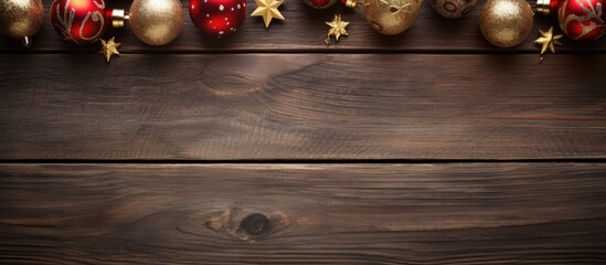 Aufkleber - A festive holiday theme with Christmas decorations laid out on a vintage wooden floor offering ample copy space for creative ideas