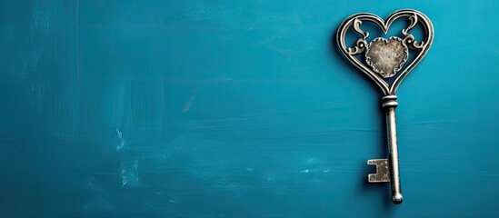 Poster - The dreamy blue background showcases a heart shaped keyhole alongside a silver toned skeleton key There is ample copy space available