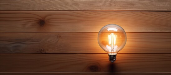 Poster - A LED light bulb is seen from a top view against a wooden background providing plenty of space for additional images or text