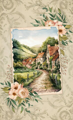 Wall Mural - Floral junk journal page with a rustic countryside view. Watercolor styled scrapbook paper background.