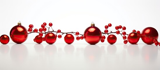 Poster - A festive branch adorned with Christmas baubles set against a white background creates an ideal copy space image