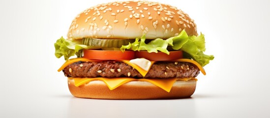 Aufkleber - Close up copy space image of a hamburger or cheeseburger on a white isolated background featuring a sesame bun