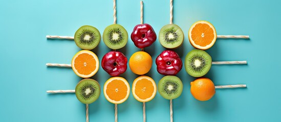 Poster - A fruity tic tac toe game arranged on a blue background promoting the idea of healthy eating The image features fruits and straws with a flat lay composition. with copy space image