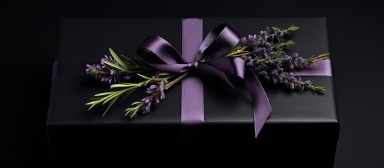 Poster - A black gift box with a violet ribbon and a bouquet of lavender flowers on a black background Perfect for celebrating birthdays or decorating presents Includes a flat lay arrangement with plenty of c