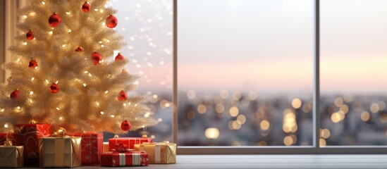 Festively decorated living room with a Christmas tree and a blurred view of the interior in a copy space image