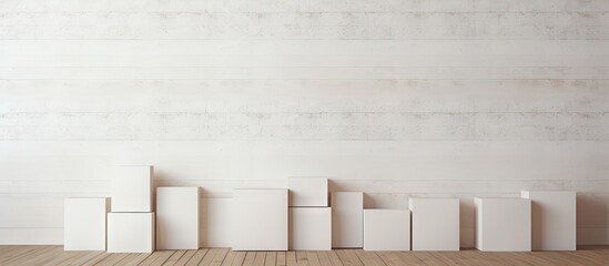 Aufkleber - Close up of a group of cardboard boxes arranged against a copy space image of a white wooden wall