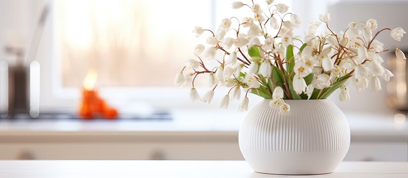 In the cozy home interior a vase holds a beautiful bouquet of mountain ash twigs On a white table white Easter bunnies add a festive touch In the background you can see the inviting white Scandinavia